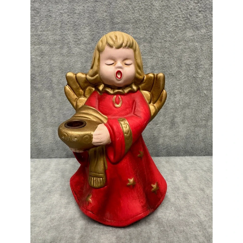 Vintage Red and‎ Gold Ceramic Singing Angel Christmas Candle Holder 7.5in MCM